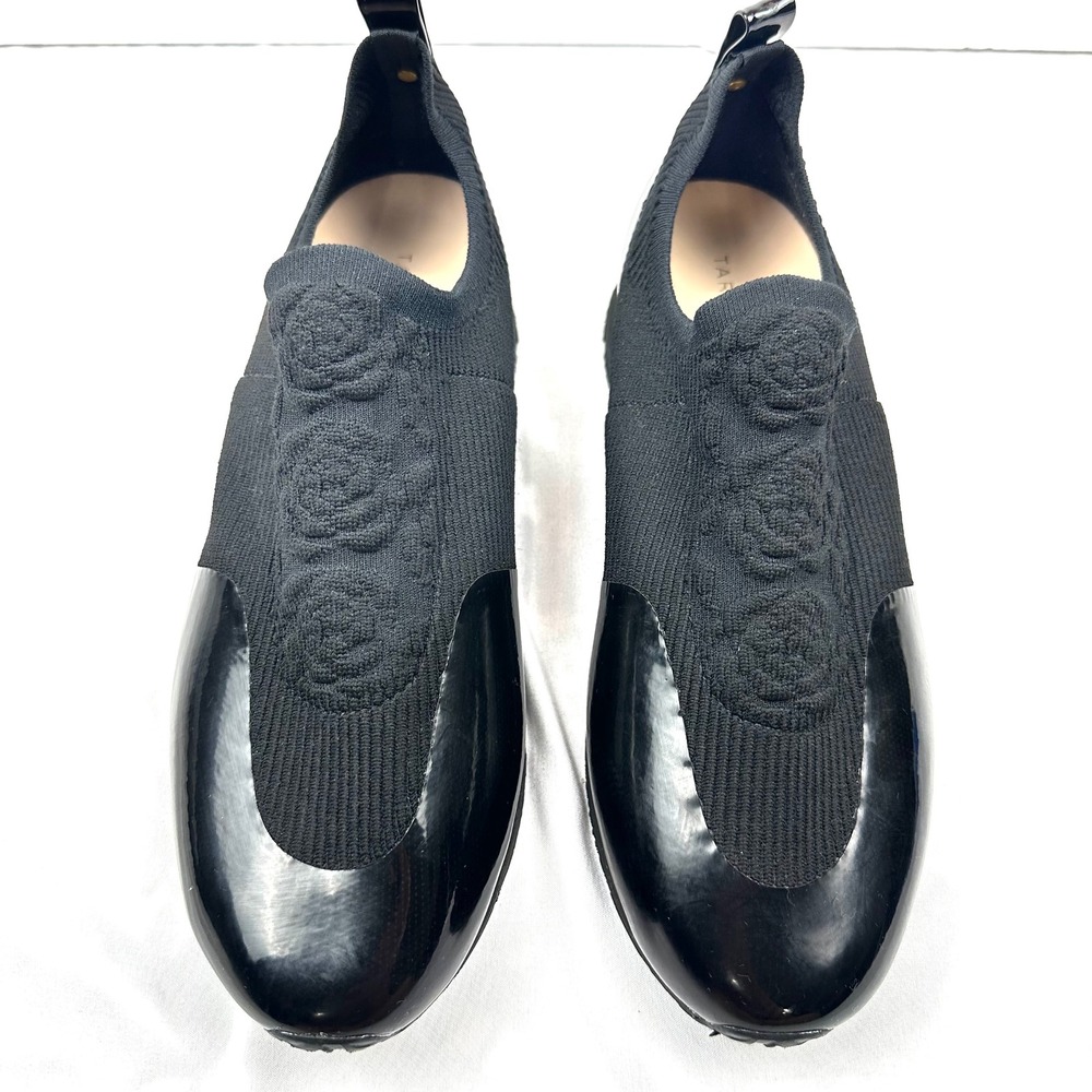 Taryn Rose Cara Knit Rose Embroidered Patent Slip On Sneakers Womens SZ 8 Black